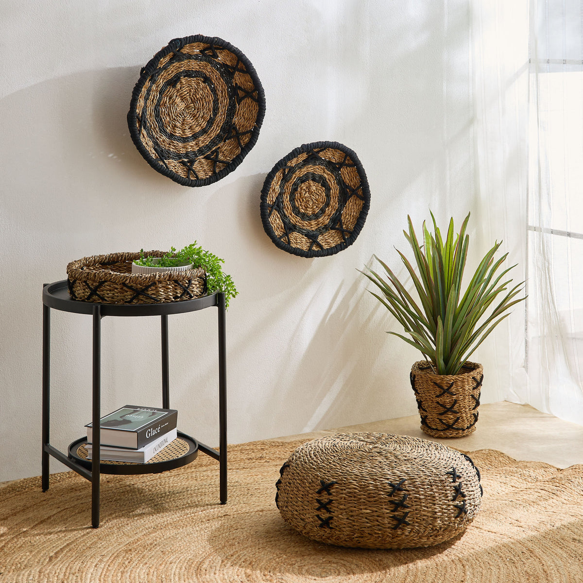 HOME CENTRE Naturaloom Stitch Round Tray - 37x37 x7 cm