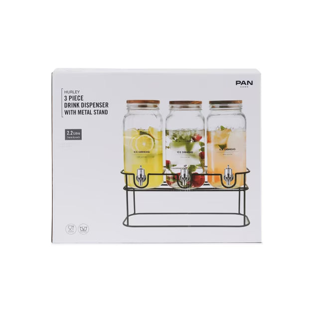 Panhome 3-Piece Drink Dispenser Set with Metal Stand (2.2L Each) – Clear Glass Beverage Server