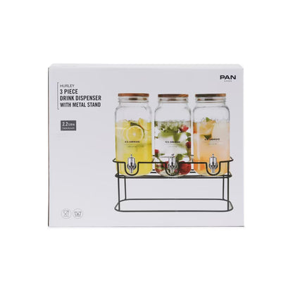 Panhome 3-Piece Drink Dispenser Set with Metal Stand (2.2L Each) – Clear Glass Beverage Server