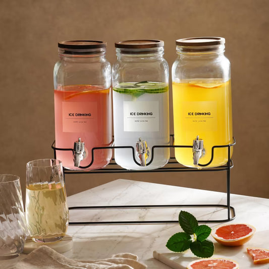 Panhome 3-Piece Drink Dispenser Set with Metal Stand (2.2L Each) – Clear Glass Beverage Server