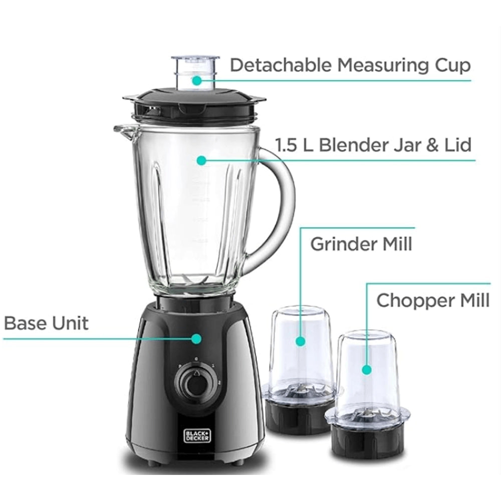 Black & Decker Electric Blender (400W, 1.5L) with 2 Grinding Mills