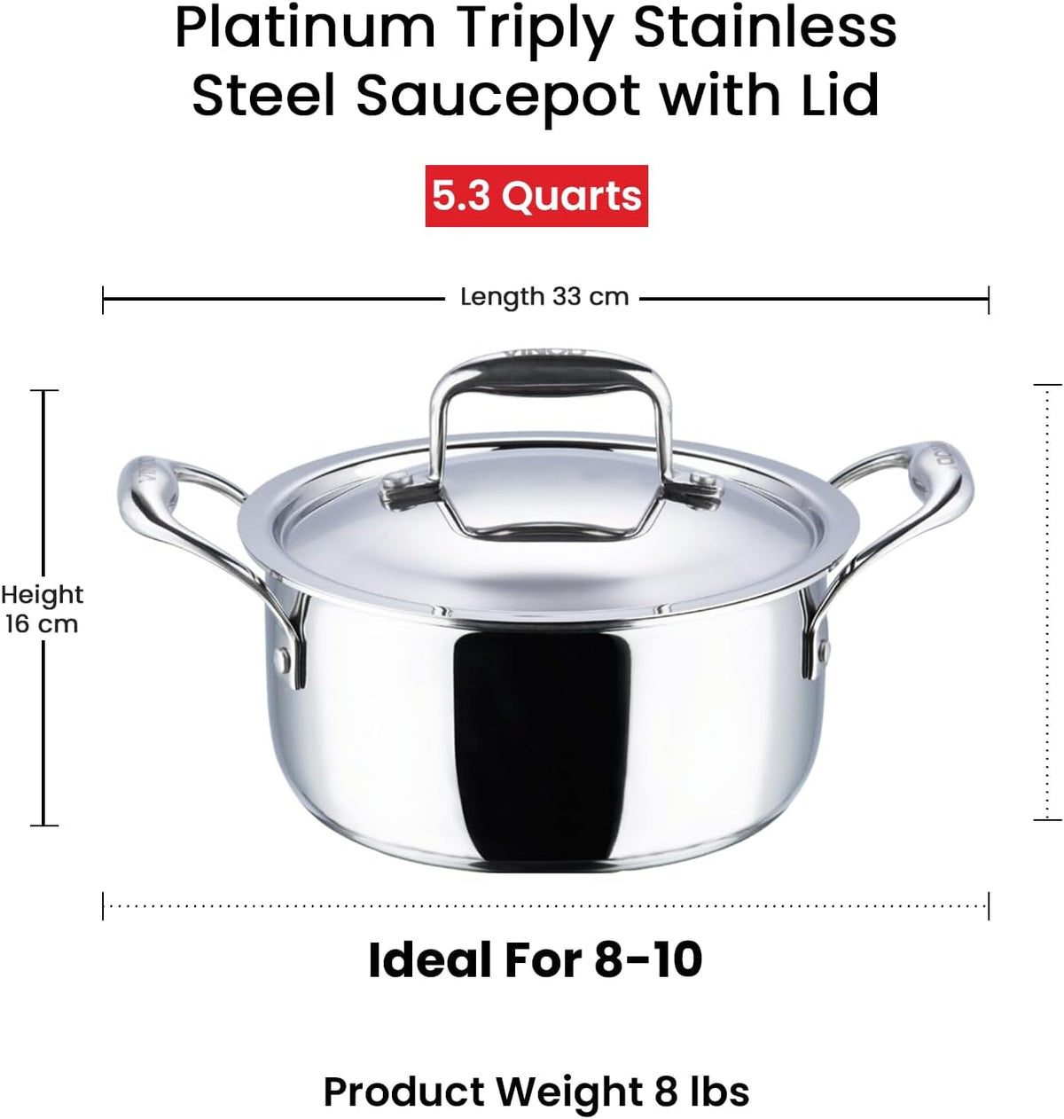 Vinod Platinum Triply Stainless Steel Saucepot with Lid - 5 Litre, 24cm
