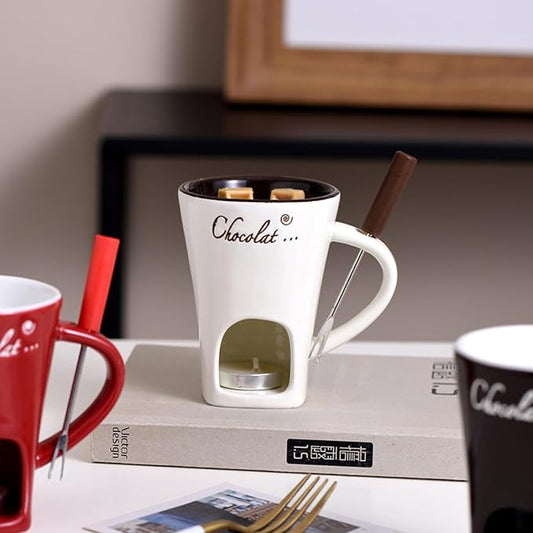 Chocolate Fondue Mug Set with Fork – Tealight Heated Ceramic Melting Cup