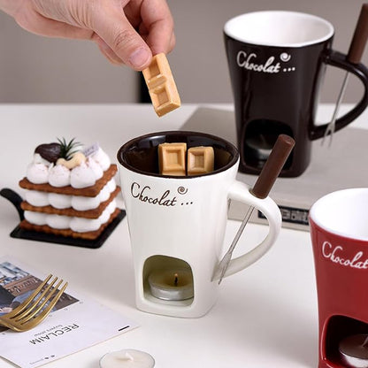 Chocolate Fondue Mug Set with Fork – Tealight Heated Ceramic Melting Cup