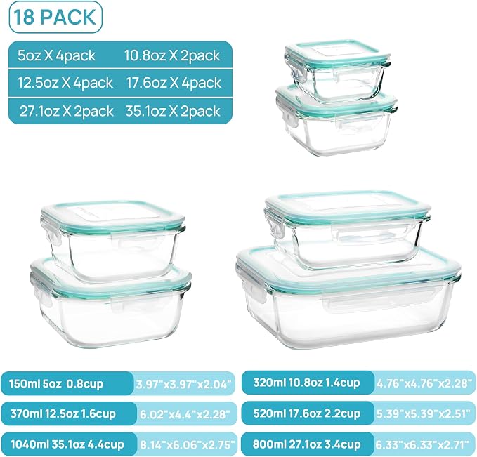 18-Piece Glass Food Storage Containers Set with Leak-Proof Airtight Lids