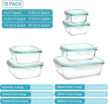18-Piece Glass Food Storage Containers Set with Leak-Proof Airtight Lids