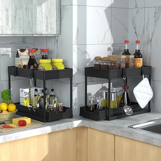 2-Tier Pull-Out Under Sink Organizer (Black) – Kitchen & Bathroom Cabinet Storage with Hooks