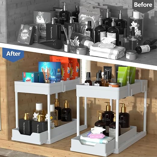 2-Tier Pull-Out Under Sink Organizer (Black) – Kitchen & Bathroom Cabinet Storage with Hooks