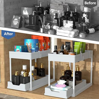 2-Tier Pull-Out Under Sink Organizer (Black) – Kitchen & Bathroom Cabinet Storage with Hooks