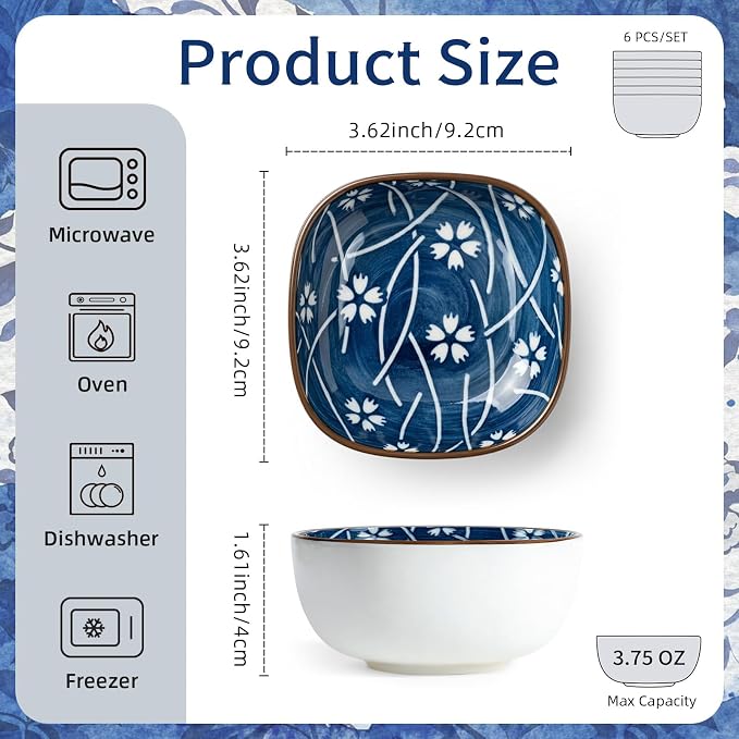 6 Pcs Blue and White Sauce Dishes 3.6"×3.6"×1.6" Traditional Chinese Ceramic Side Bowl for Sushi Sauce Snack Pinch Home Kitchen Decor Housewarming Gift
