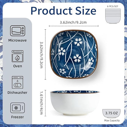 6 Pcs Blue and White Sauce Dishes 3.6"×3.6"×1.6" Traditional Chinese Ceramic Side Bowl for Sushi Sauce Snack Pinch Home Kitchen Decor Housewarming Gift