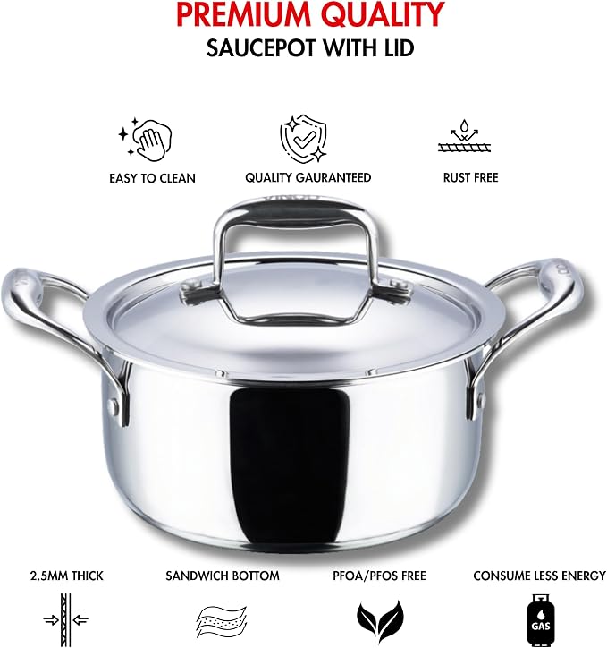Vinod Platinum Triply Stainless Steel Saucepot with Lid - 5 Litre, 24cm