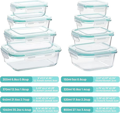 8-Pack Glass Food Storage Containers with Airtight Lids (Random colors) – Leak-Proof Meal Prep Set