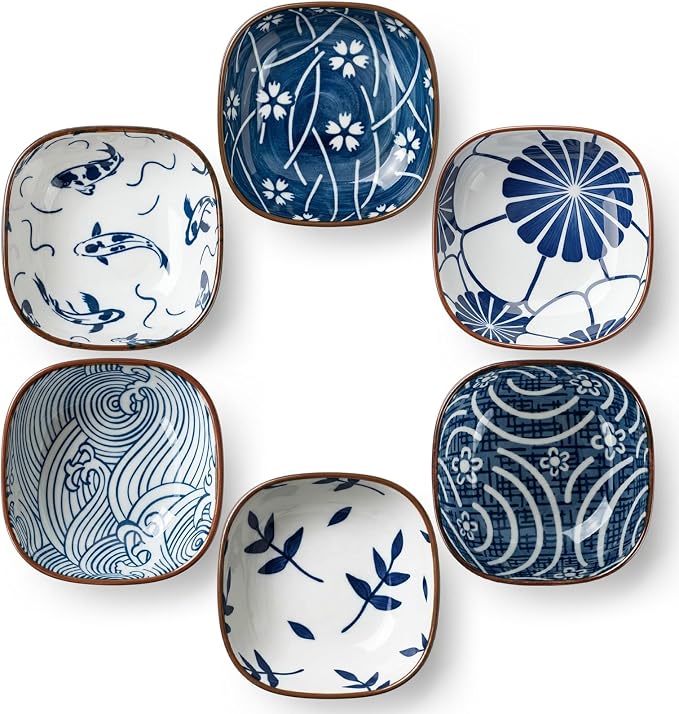 6 Pcs Blue and White Sauce Dishes 3.6"×3.6"×1.6" Traditional Chinese Ceramic Side Bowl for Sushi Sauce Snack Pinch Home Kitchen Decor Housewarming Gift