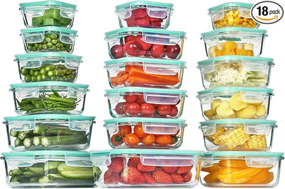 18-Piece Glass Food Storage Containers Set with Leak-Proof Airtight Lids