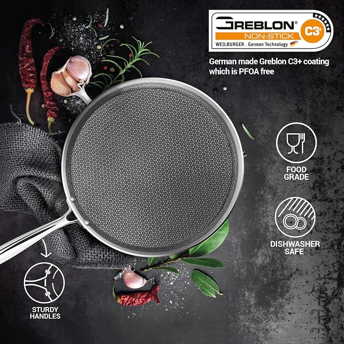 MILTON Pro Cook Triply Hexa Tech Stainless Steel Tawa (28 cm) – Non-Stick Honeycomb Induction Roti Pan
