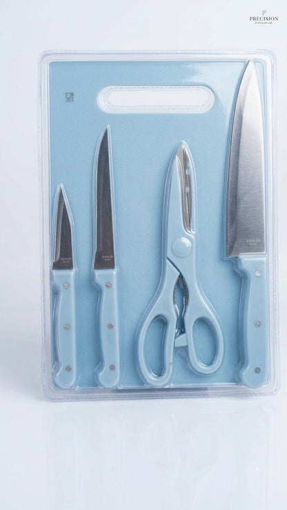 Home box 5-Piece Stainless Steel Kitchen Knife Set with Cutting Board & Shears – Non-Slip Pastel Blue Chopping Board Set