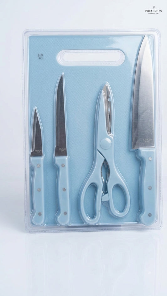 Home box 5-Piece Stainless Steel Kitchen Knife Set with Cutting Board & Shears – Non-Slip Pastel Blue Chopping Board Set