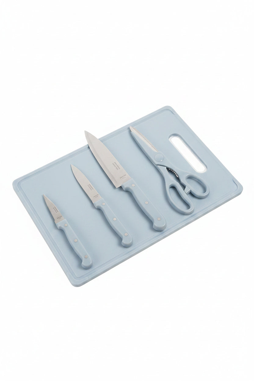 Home box 5-Piece Stainless Steel Kitchen Knife Set with Cutting Board & Shears – Non-Slip Pastel Blue Chopping Board Set