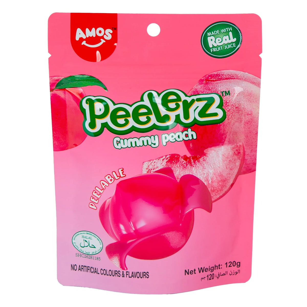Amos Peelerz Peach Gummy Pouch (120g) – Peelable Vegan & Halal Candy