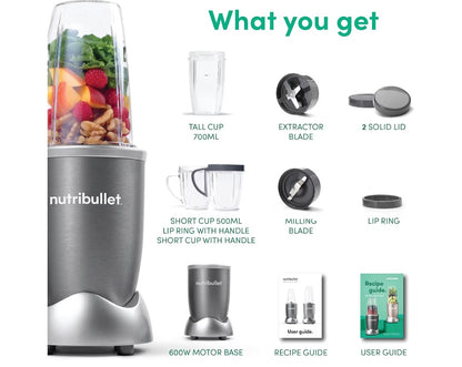 NutriBullet 600 Watts, 9pc Accessories, Multi-Function High Speed Blender, Mixer System With Nutrient Extractor, Smoothie Maker, Grey, NBR-1212M